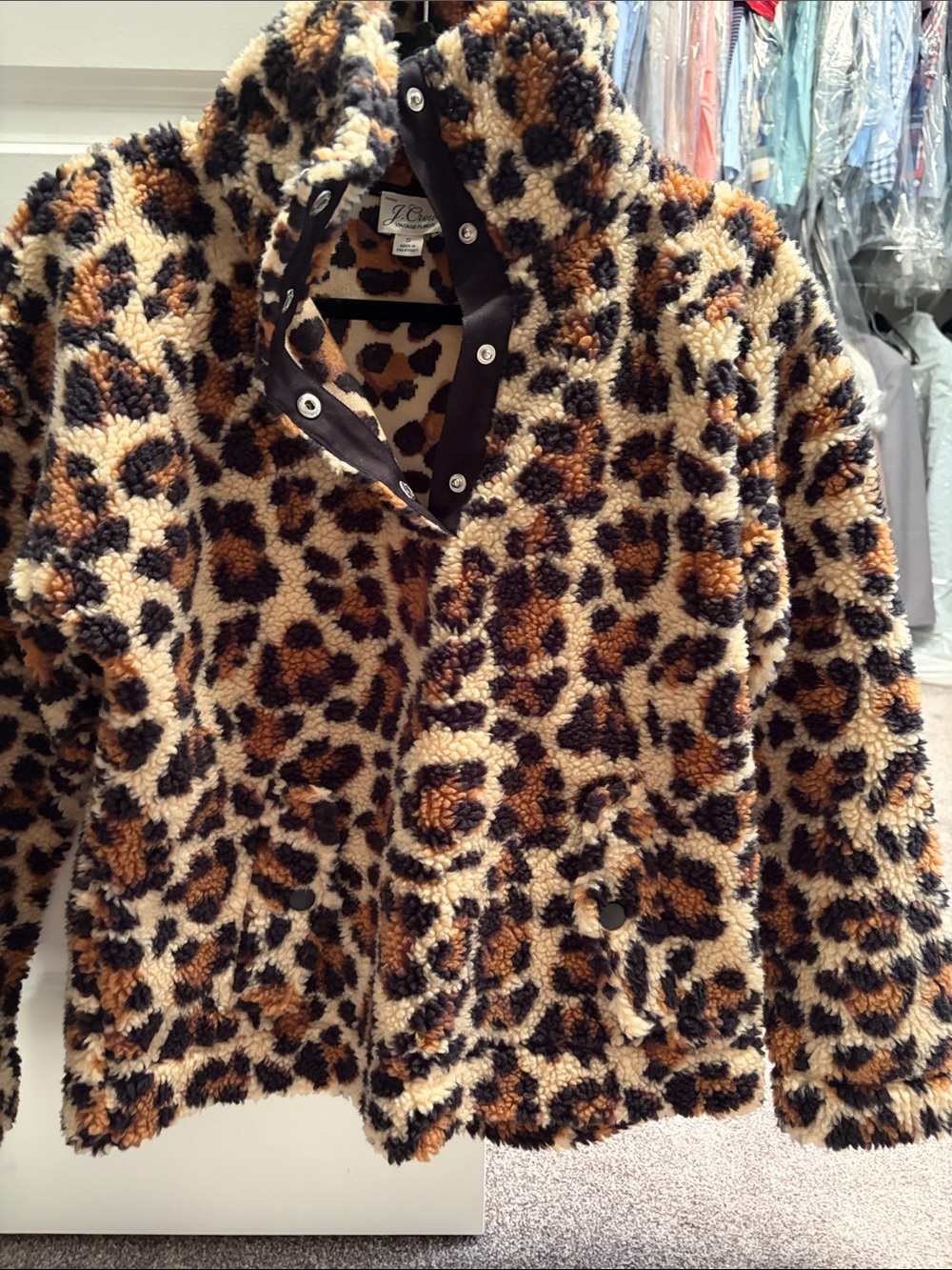 J. Crew Leopard-Print Teddy Snap-Front Jacket in Beige, Brown & Black